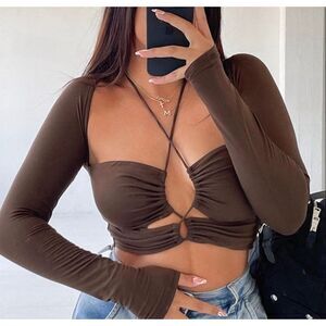 New Pink Cut Out Halter Top Brown Size Medium Nwt